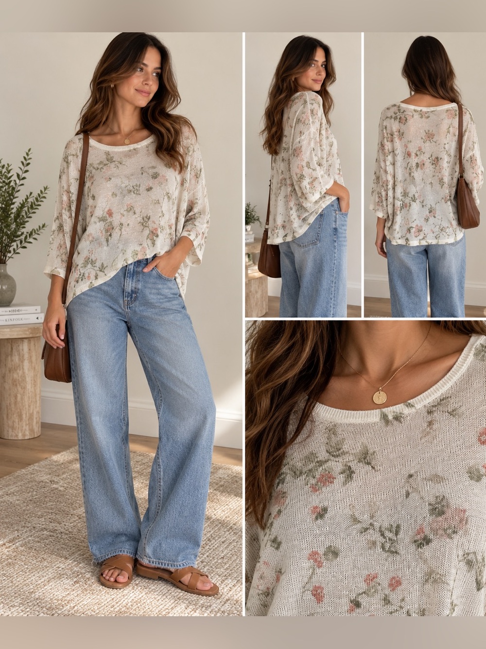 J.Jill Linen Floral Sweater Large Coastal Grandmother Cottagecore Boho